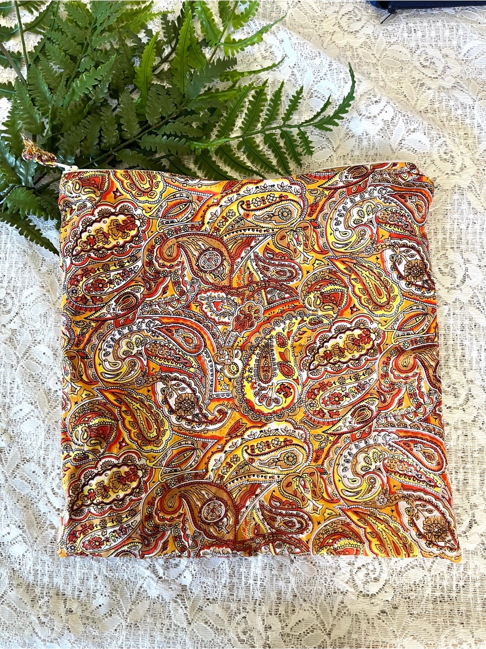 Handmade Orange Patterned Zippered Pouch  12” x 12”